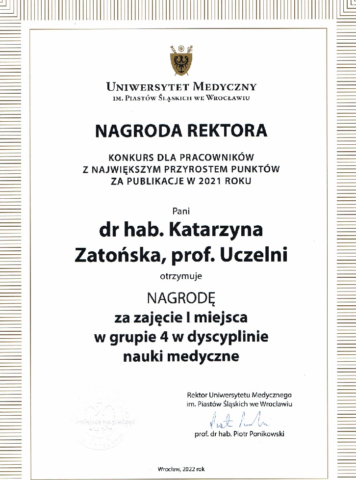 Nagroda Rektora dla dr hab. Katarzyny Zatońskiej, prof. Uczelni