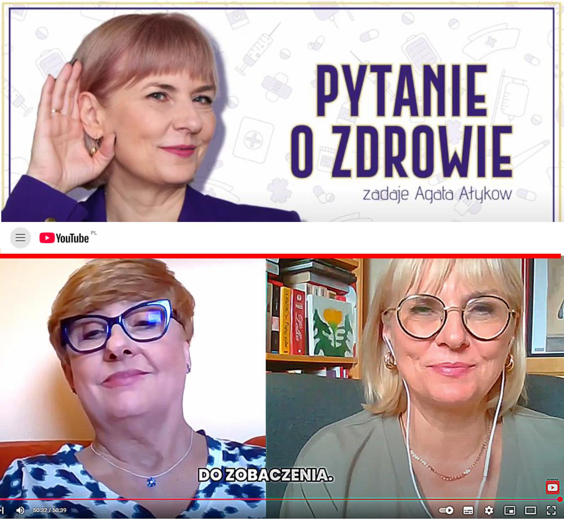od lewej góry - zdjęcie kobiety redaktor Agaty Ałykow po prawej duży napis "pytanie o zdrowei" na dole dwa zdjęcia kobiet od lewej na dole : prod. Małogorzata Sobieszczańska , po prawej na dole redaktor w/w