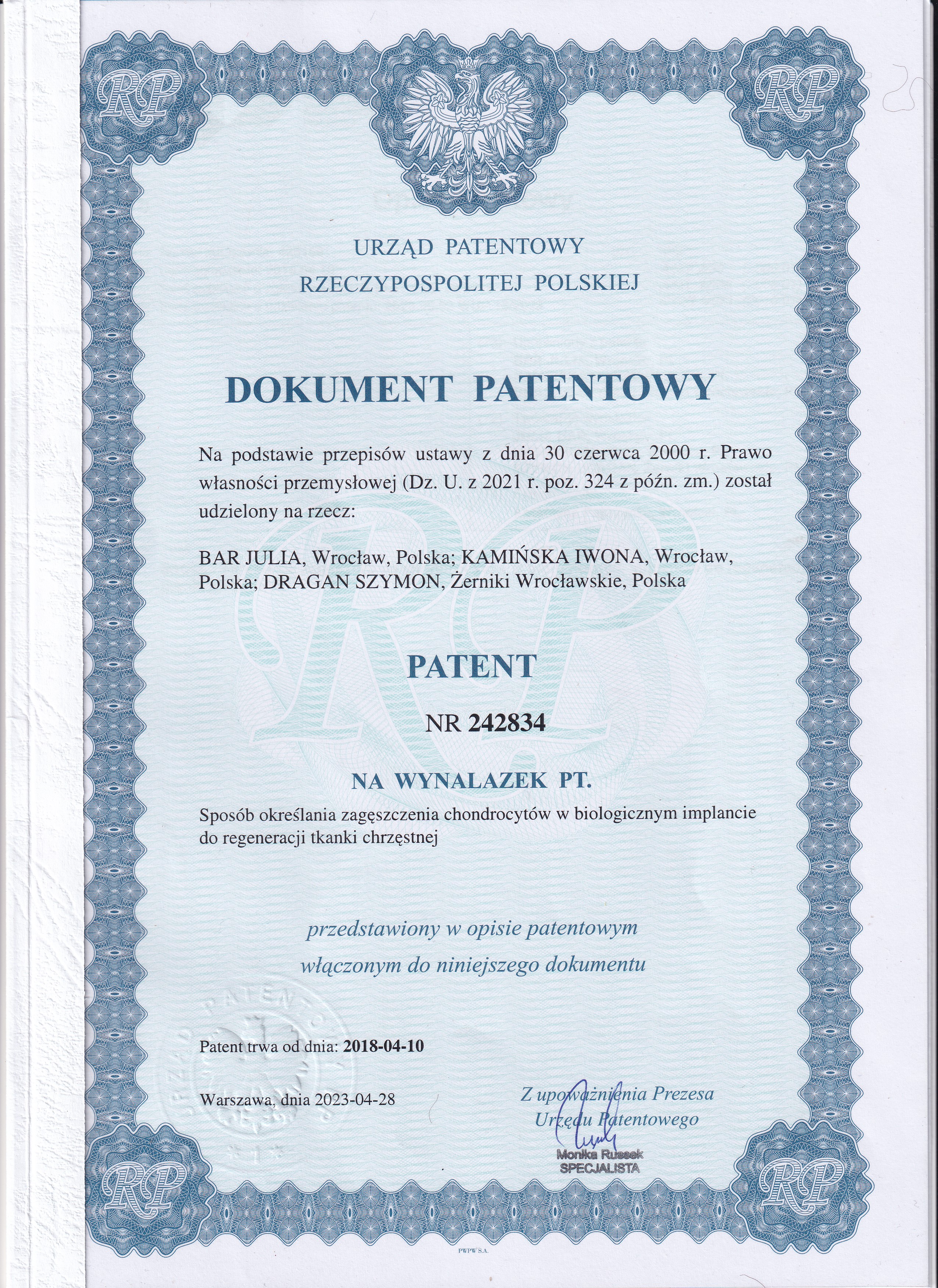 patent "Sposób określania zagęszczenia chondrocytów w biologicznym implancie do regeneracji tkanki chrzęstnej"