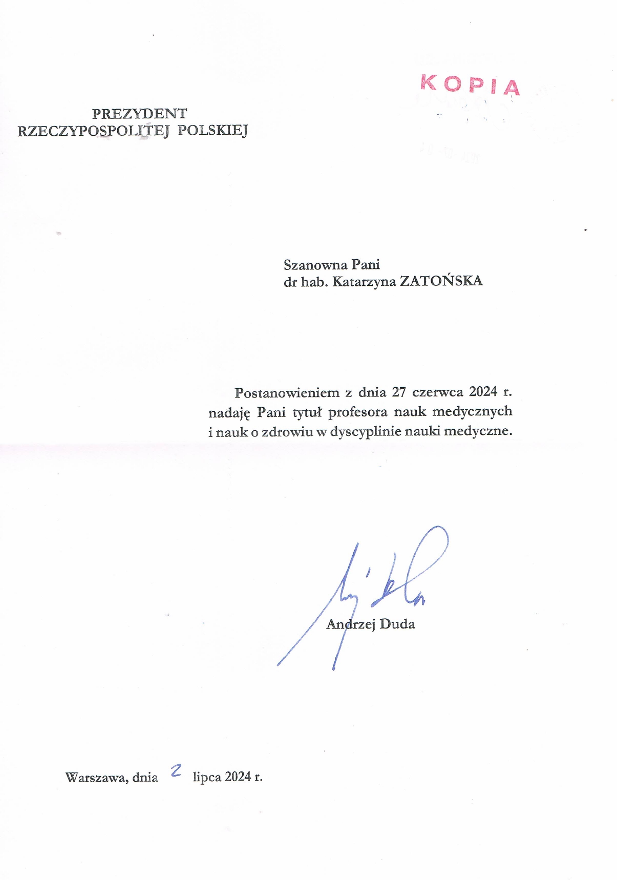 Dokument nadania stopnia profesorskiego